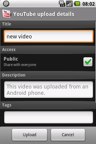 Android YouTube upload page