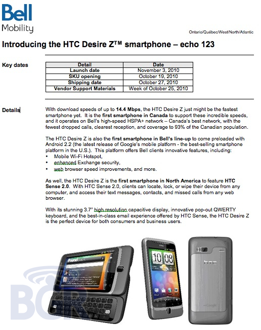 HTC Desire Z on Bell Mobile in Canada