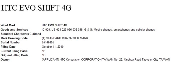 HTC EVO Shift 4G trademark application